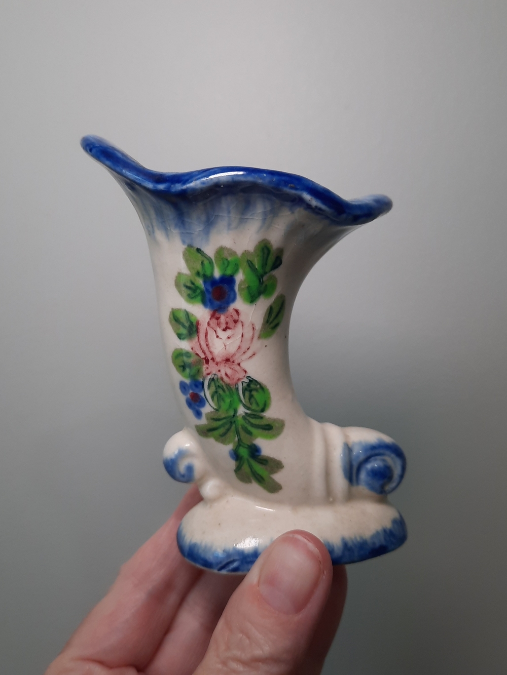 Hand-Painted Floral Ceramic Bud Vase in Blue and Green Occupied Japan